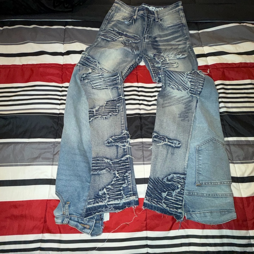 1of1 Custom Light Blue Distressed Slim Jeans